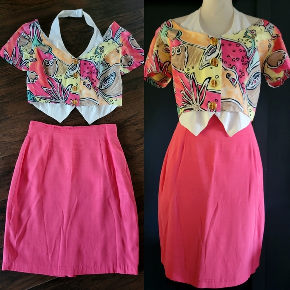 Vintage 80s Cline & Kolarek Two-Piece Skirt Set Bright Floral Halter Vest Top 4 - Picture 1 of 16